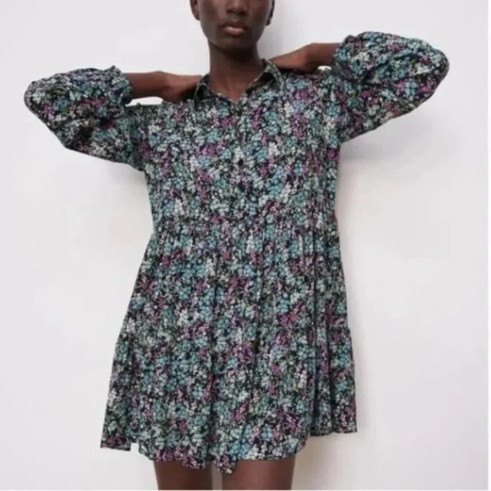 Zara Ditsy Floral Long Sleeve Babydoll Shirt Dress Size  Large - Picture 3 of 8